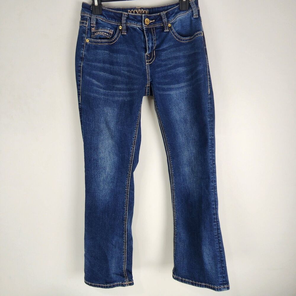 Rock & Roll Cowgirl Riding Boot Cut Denim Jeans W7-4166 26x30 measures 28x29.5
